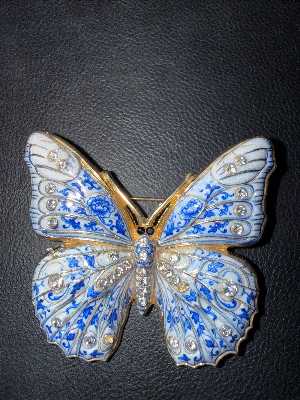 Decorative Blue and White Butterfly Brooch - Gold Accents